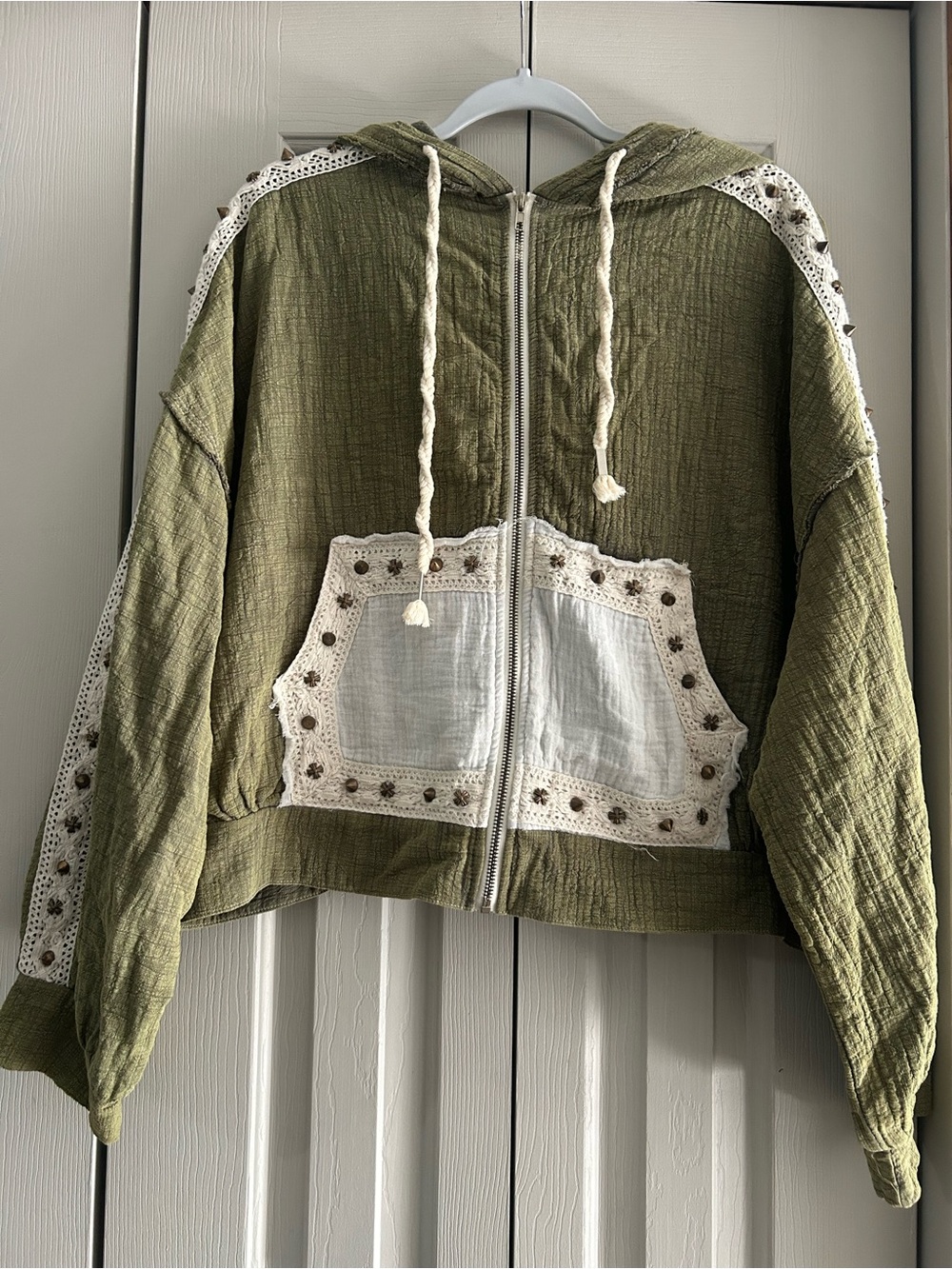 Pol Olive Green Hooded Zip Jacket with Contrasting Crochet Pocket NWOT
